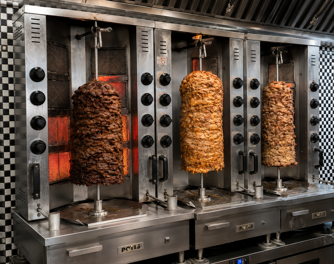 Three shawarma spits running